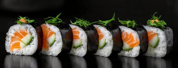 Wall Mural - Assortment of Freshly Made Sushi Rolls With Various Fillings Against a Black Background