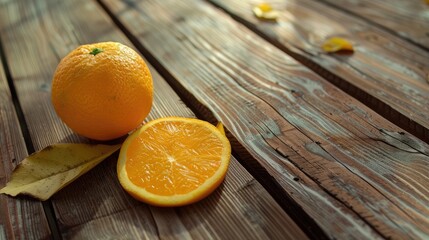 Wall Mural - Orange Leaf Resting on a Table Made of Wood
