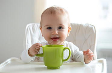 Wall Mural - A cute baby drinking from the green cup, sitting in high chair, white background, bright and warm colors