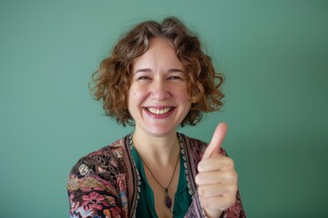 Wall Mural - Portrait of a cheerful caucasian woman in her 40s showing a thumb up over soft green background
