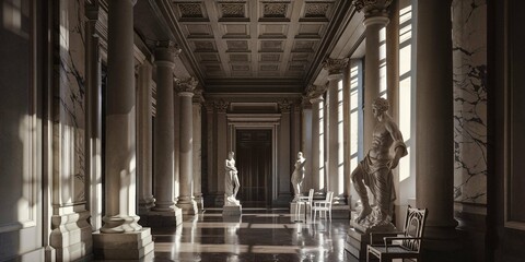 Classical marble statues in a museum room with tall columns and intricate coffered ceiling