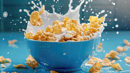 Wall Mural - High speed photography captures a healthy breakfast of corn flakes in a blue bowl with milk splash