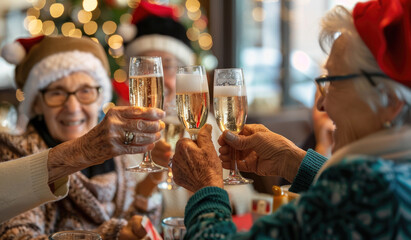 Wall Mural - Three elderly friends in Christmas hats toasting with champagne glasses, celebrating the holiday season at an urban cafe