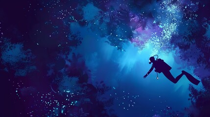 Scuba diving at night, flat design, top view, bioluminescent sea, water color, Complementary Color Scheme
