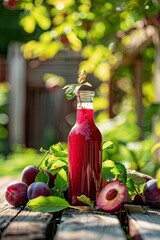 Wall Mural - freshly squeezed plum juice on the background of the garden. Selective focus