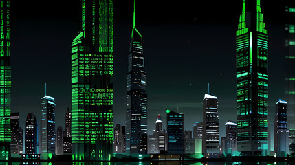 Wall Mural - futuristic skyline at night with glowing green matrix code running down the buildings