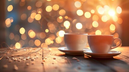Wall Mural - Two cups of coffee on a table with bokeh background