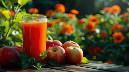 Wall Mural - freshly squeezed apple juice on the background of the garden. Selective focus