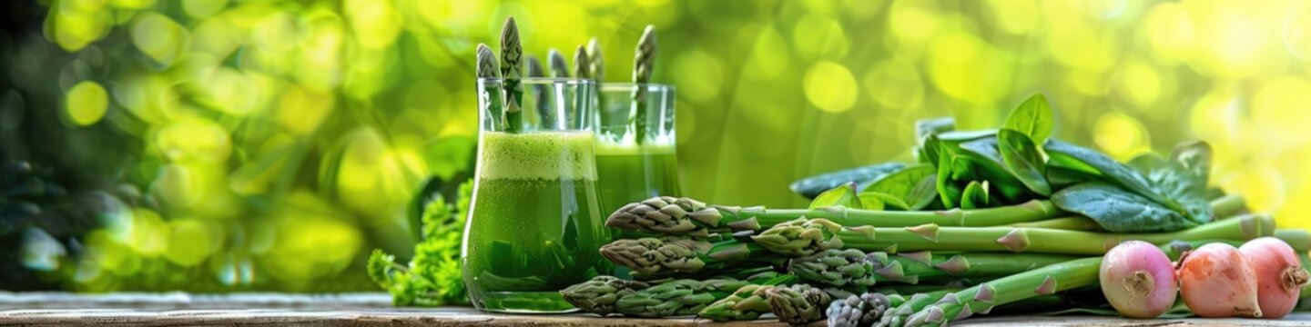 freshly squeezed asparagus juice on the background of the garden. Selective focus