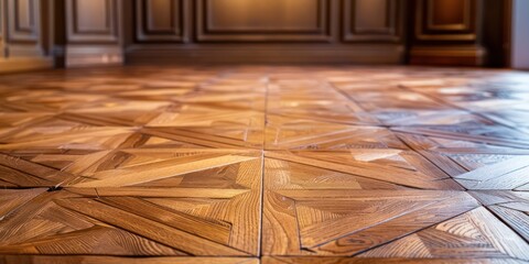 Wall Mural - Empty wooden floor closeup and room ceiling and doors with light reflection