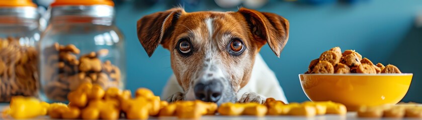 Dog surrounded by various snacks, against a blue background, studio lighting