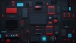 © Tackey - Flat lay composition of futuristic electronic devices and gadgets in black and red with a modern design. High-tech accessories technology.