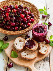 Poster - On the wooden table there is a jar of cherry jam, slices of bread, a wicker plate with fresh cherries and mint leaves.