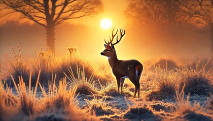 Wall Mural - An image of a Muntjac with large antlers standing in a frosty field at sunrise