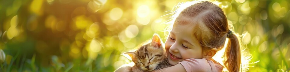 Wall Mural - a small child hugs a cat. Selective focus