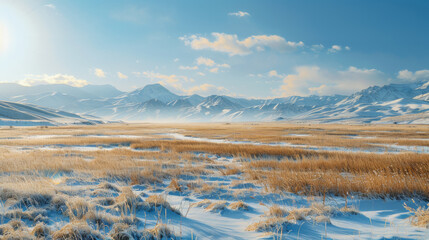 beautiful landscape of xinjiang altay, china, with farms, grassland, snow mountain, horses and flowe