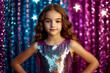 © Alex Vog - Portrait teen cover girl in disco dress posing at bright background with star, looking at camera. Pretty party girl with hairstyle in silver wear. Retro music style concept. Copy text space for ad