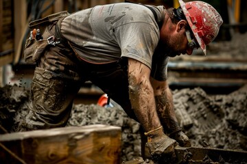 A man in a dirty work uniform is digging in the dirt