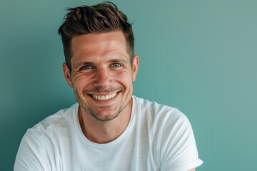 Portrait of a glad caucasian man in his 30s smiling at the camera in soft teal background