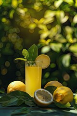 Sticker - freshly squeezed lemon juice on the background of the garden. Selective focus