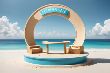 Wall Mural -  Beach podium summer background sand product 3D sea display platform. Beach podium summer banner stand scene sale sky holiday vacation stage water island sun travel pedestal promotion presentation ad.