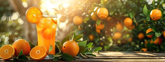Wall Mural - freshly squeezed orange juice on the background of the garden. Selective focus