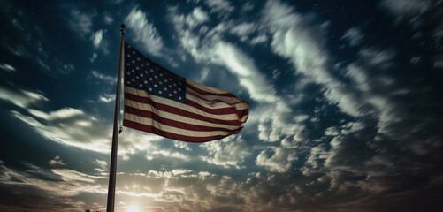 Wall Mural - USA Independence Day July 4th, national flag, banner waving, cloudy sky background. AI generated.