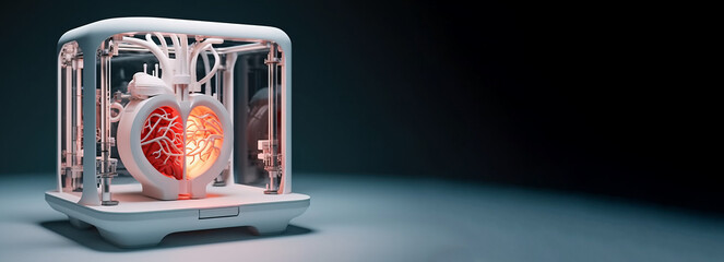 3D printer prints a human heart. Medical implantation of organs. AI generated.