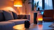 © Emiliia - A smart speaker and a smart lamp are on a coffee table in a living room. The lamps and speaker are lit, creating a warm and inviting atmosphere.