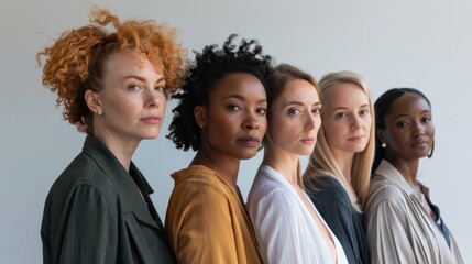 Wall Mural - A diverse group of women standing shoulder to shoulder, united in strength and empowerment against a white backdrop. isolated white background 