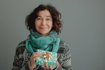Wall Mural - Portrait of a jovial woman in her 40s holding a gift in front of soft gray background