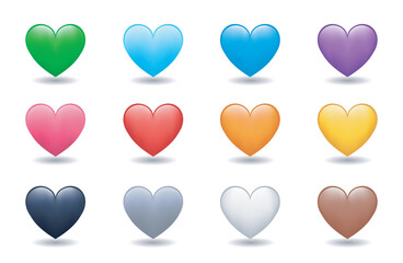 Heart Color Set Icons. Cartoon Style Love Symbol emoji. Heart Love Emoji Icon on white background. Red, orange, yellow, green, blue, purple, black, white, brown color hearts.