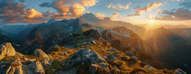 Wall Mural - Majestic Mountain Range at Sunset With Golden Clouds