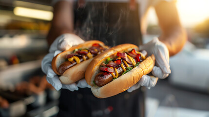 Food truck grilling hotdogs at an openair market, hotdog in a fluffy bun topped with bacon and avocado, captured at golden hour, dynamic street setting, appetizing presentation