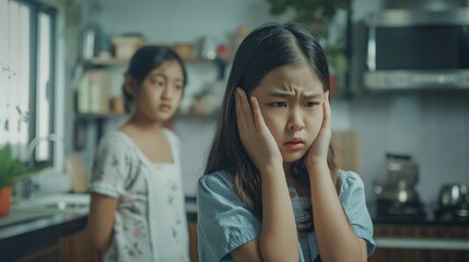 Wall Mural - Domestic Discord: Capture the tense moment in a home environment where an offended Asian girl covers her ears, visibly upset and unwilling to listen to her mother's scolding during a family argument. 