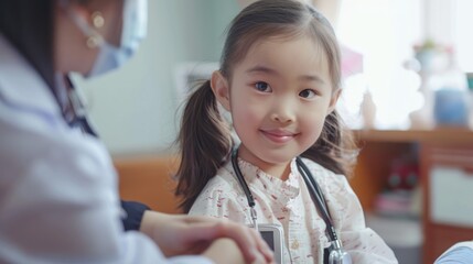 Wall Mural - Pediatric Assessment: Photograph the pediatric assessment scene where the young Asian girl cooperatively participates in her medical examination.