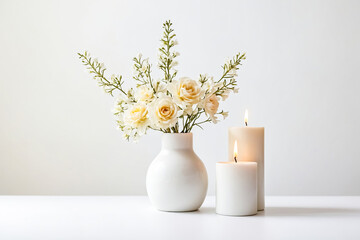 Wall Mural - White Flowers and Candles on White Table