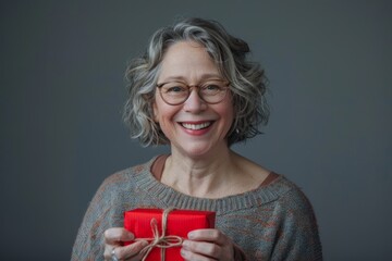 Wall Mural - Portrait of a grinning caucasian woman in her 60s holding a gift over soft gray background