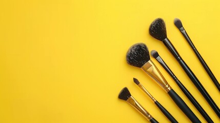 Wall Mural - Makeup kit with brushes on yellow backdrop Aerial view with space for text