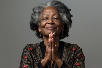 Canvas Print - Portrait of a blissful afro-american woman in her 60s joining palms in a gesture of gratitude isolated in soft gray background