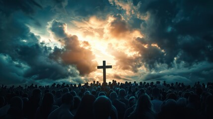 Canvas Print - A dramatic image of a crowd gathered around a cross in a time of solemn remembrance, with bowed heads and folded hands, against a backdrop of dark storm clouds, symbolizing the strength.