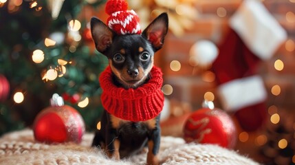 Poster - Funny small toy terrier pup in festive outfit on Christmas backdrop