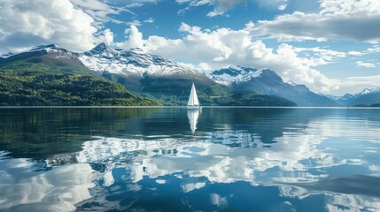 Wall Mural - A peaceful scene of a sailboat drifting lazily on a glassy lake surface, with the surrounding snow-capped mountains mirrored in the calm waters. 