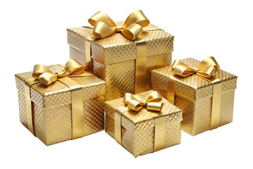 Four gold gift boxes tied with ribbon. Isolated on a white background