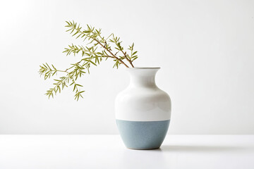 Sticker - White Vase with Green Branch on White Background