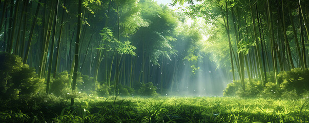 A tranquil bamboo grove with sunlight filtering through the dense canopy, casting a warm glow on the forest floor.