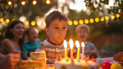 Wall Mural - Magical moment: A little boy surrounded by friends and family, eagerly blowing out the candles on his birthday cake during an enchanting outdoor party in the backyard, filled with laughter and joy. 