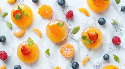 Wall Mural - Tasty tangerine gelatin and ripe fruits arranged on white marble surface in flat lay