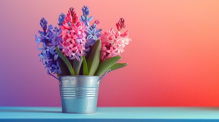 Poster - Hyacinth in metal bucket on table with space for text against colorful background