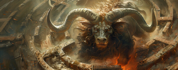 A fearsome Minotaur, its horns poised, charging through a labyrinth, embodying the challenges and dangers of ancient myths.